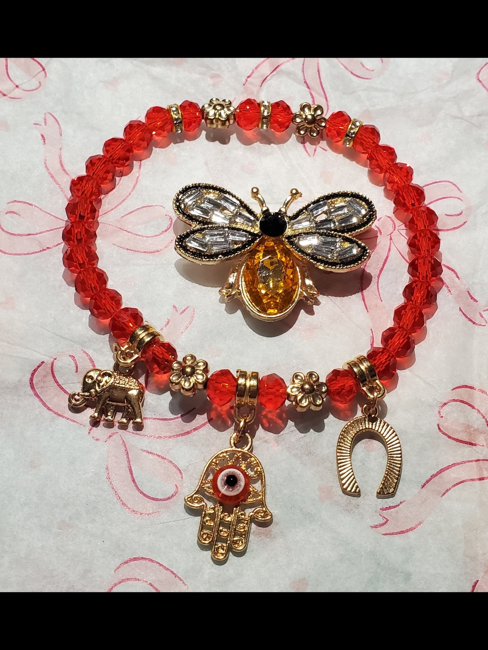 Red Beaded Charm Bracelet & Sparkly Bee Brooch